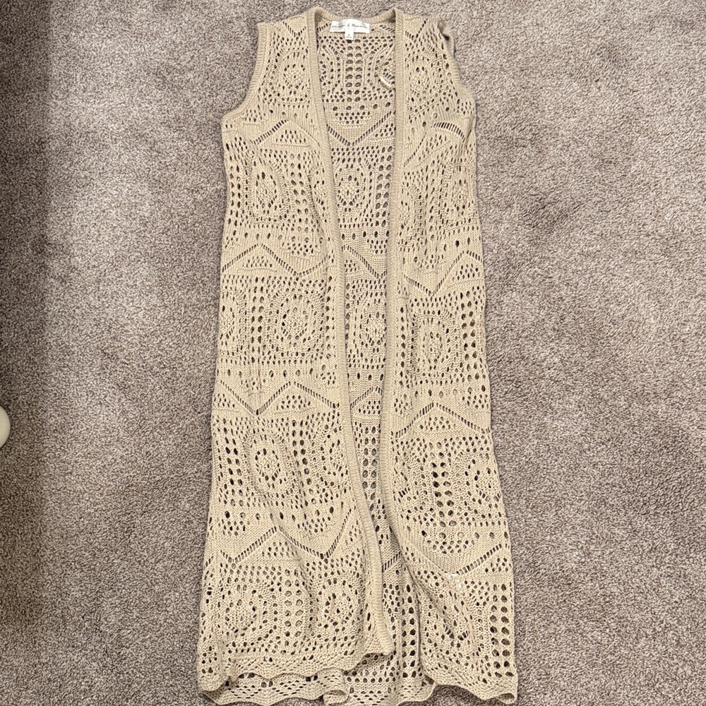 Chelsea & Theodore Beige Crochet duster cardigan
